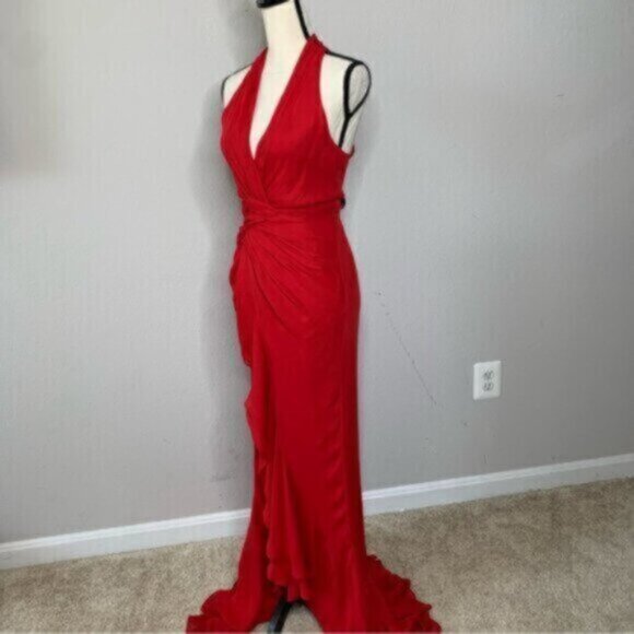 Vintage Red Halter Plunged Neckline Gown with Elegant Ruffle Detail - Picture 6 of 12
